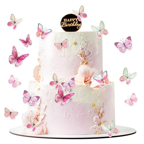 Decoração de bolo em forma de borboleta, 30 peças de enfeites para bolo de borboleta de vários tamanhos, ideal para mulheres e meninas, para casamentos, festas, decoração de bolos e comida (rosa)
