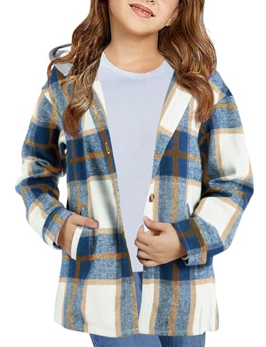 Image of Girls Cute Flannel Plaid Button Down Top with Pockets Long Sleeve Hooded Jacket
