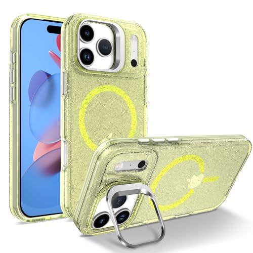 Étui iPhone 17 Pro jaune scintillant en silicone premium et protection rigide avec béquille
