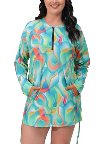Halcurt Women Plus Size Long Sleeve Rash Guard with Bra Pockets Half Zip Swim Shirt Side Drawstring Adjustable UPF50 Swimsuit Top Green Shirt 1X