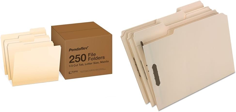 Pendaflex File Folders Letter Size 1/3 Cut Manila 250 per Box and Fastener Folders 2 Fasteners Letter Size Manila 50 per Box
