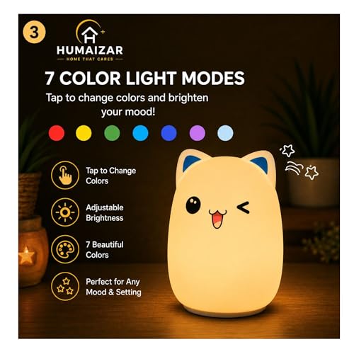 Image of HUMAIZAR Silicone LED Night Light for Kids, Soft Touch Animal Bedside Lamp for Bedroom & Nursery, Rechargeable Cute Night Lamp (Winking CAT)