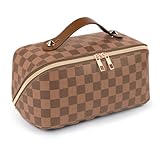 BAYANKALA Leather Travel Makeup Bag, Large Capacity Cosmetic Bag for Women, Waterproof Portable Pouch with Divider, Toiletry Organizer with Handle, 10.5x5x5 Inches, Deep Brown