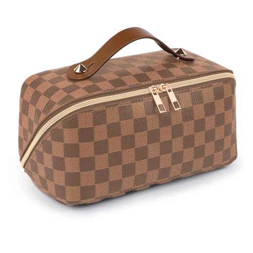 Leather Travel Makeup Bag with Divider and Handle