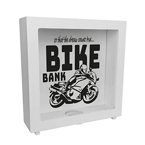 Tirelire avec cadre en bois noir sur le thème de l'achat de moto et de moto, belle tirelire cadeau pour les renards qui aiment les rêves d'un motard ou s'ils aiment...