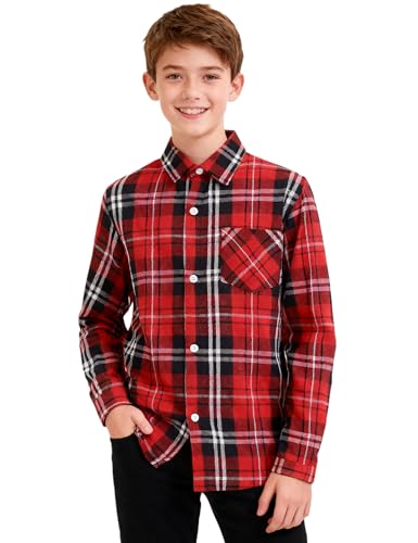 Camisa de algodón para niños mintgreen, a cuadros de manga larga, 6-12 años, Cuadros rojos, 7-8 años