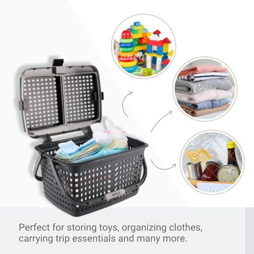 Image of FLAIR Dual Compartment Storage Basket Set of 3 - Sturdy Plastic Organizer with Handles & Lid | Plastic Multipurpose Trendy Shopping Big Basket | Ideal for Kitchen, Bathroom, Laundry & Toys (Grey)