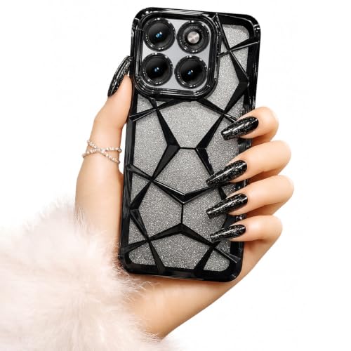 Image of VONZEE Gradient Glitter Case for Moto Edge 70 Fusion, Luxury Electroplated 3D Cube, Diamond Bling Shiny Soft TPU Clear Shockproof Women Girls Protective Phone Cover (Black)
