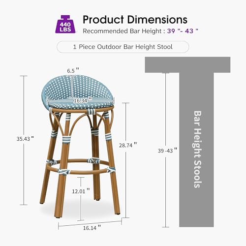 Image of PURPLE LEAF Patio Oversized Backrest Bar Height Stool Set of 1 Outdoor Round Barstools Aluminum Frame in Bamboo Finish Woven Rattan for Indoor Kitchen Dining Bistros Cafe Restaurant Light Blue