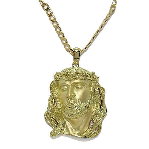 Never Say Never Cara de Cristo Muy Grande de Oro Amarillo de 18k con cadena barbada maciza de oro amarillo de 18k de 3mm de ancha y 60cm de larga.31.35 gr de oro de 18k