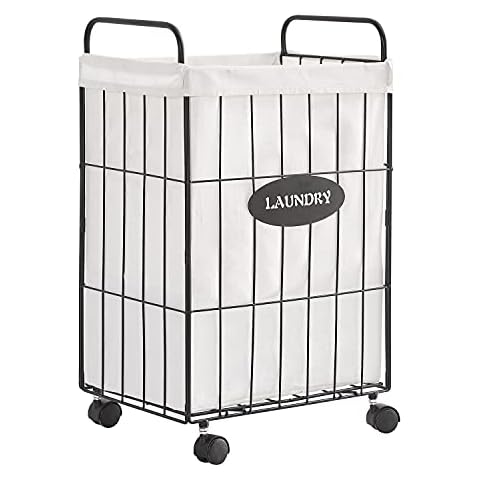 Mxfurhawa Iron Wire Laundry Hamper With Rolling Lockable Wheels, Folding Laundry Storage Basket with Handles,Detachable Liner Collapsible Dirty Laundry Cart Sorter Clothes Basket Organizer (23.6 inch) Cover