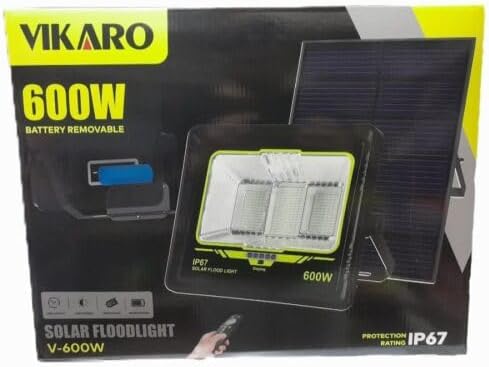 600W Solar Flood Light with Solar Panel and Remote Control, IP67 Waterproof, Removable Battery