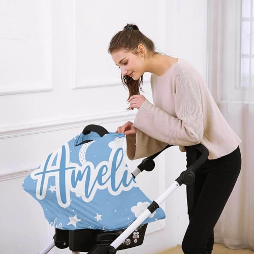 Image of Custom Car Seat Covers for Babies - Breathable Baby Car Seat Cover for Girls Boys, Kick-Proof Newborn Carrier Light Blue Star Canopy Stretchy Stroller Cover for 4 Seasons
