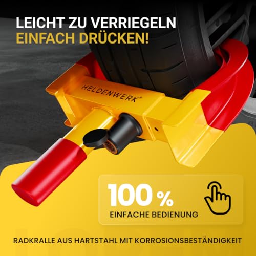 HELDENWERK Parkkralle Radkralle mit Hochsicherheitsschloss & 3 Schlüsseln - für Anhänger, Wohnmobil, Wohnwagen, Auto - PKW Reifenkralle, Autokralle, Rad-Kralle für 18-30cm Reifenbreite (Gelb/Rot)