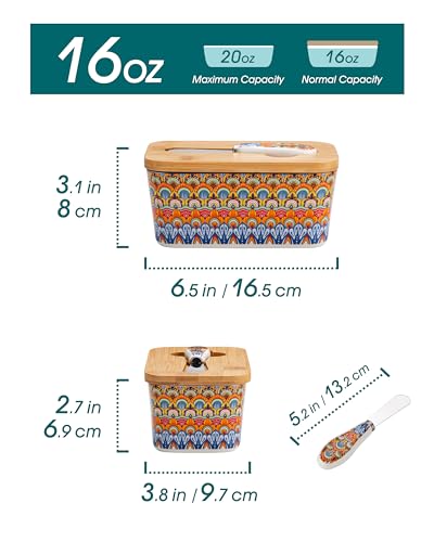 vancasso SIMI Butter Dish with Lid, 6.5" Large Butter Dish for Countertop, Bohemian Ceramic Butter Keeper Container with Knife and Bamboo Lid, Butter Holder for Counter, Regal Bloom — view 2