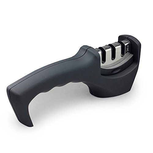 ISSIKI Cutlery Knife Sharpener, 3-Stage Sharpening System, Sharpens Ceramic & Steel, Safety Conscious Handle, Black