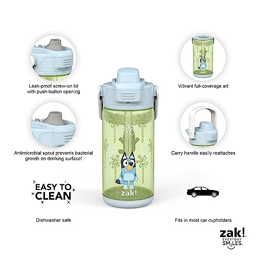Zak Designs Bluey Kid Water Bottle 2-Pack Set for Travel or At Home, 16oz Plastic is Durable and Leak-Proof with Silicone Spout, Cover, Carry Handle, Protective Base (Bluey and Bingo)