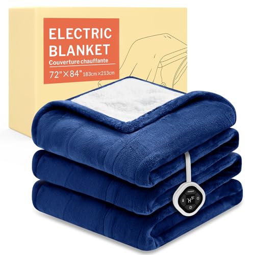 Image of HOMLYNS LuxeHeat Heated Blanket Electric Blanket Full Size, Soft Flannel Sherpa Heating Blanket with 10 Heat Settings, 1-10 hrs Timer Auto Shut Off (72x84 inches, Navy), Only for 120V Voltage Use
