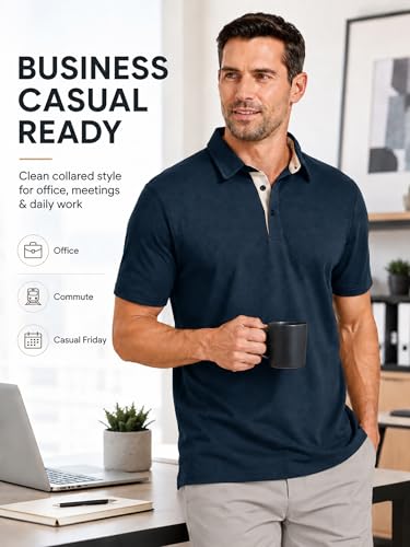 Frevontica Men's Polo Shirts Short Sleeve Lightweight Breathable Moisture Wicking Dry Fit Summer Polo Tee Classic Golf Stylish Tops Business Casual Collared Shirt for Office Travel Weekend Daily Wear — view 2