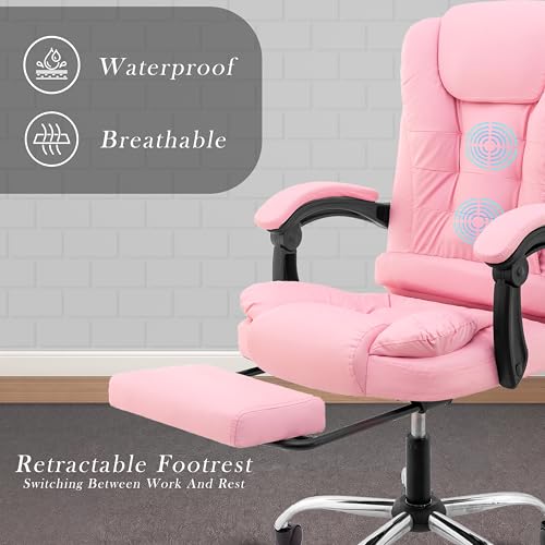 Image of Italia Leatherette Office Chair for Work | Boss Chair, Luxurious Cushioned Arms & Seat, 2 Point Back Massager, Adjustable Leg Rest, Heavy Duty Metal Base (Pink)