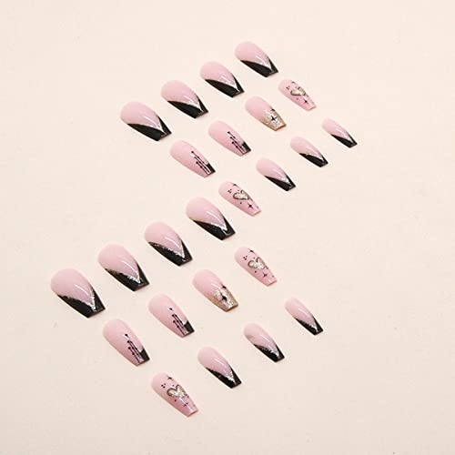24Pcs Coffin Medium Press On Nails Square Almond Fake Nails With Star Heart Designs Black Glitter French Nail Tip Artificial Nails Glossy Full Cover Nail Stick On Nails For Women Nail Art Decorations #TOP3