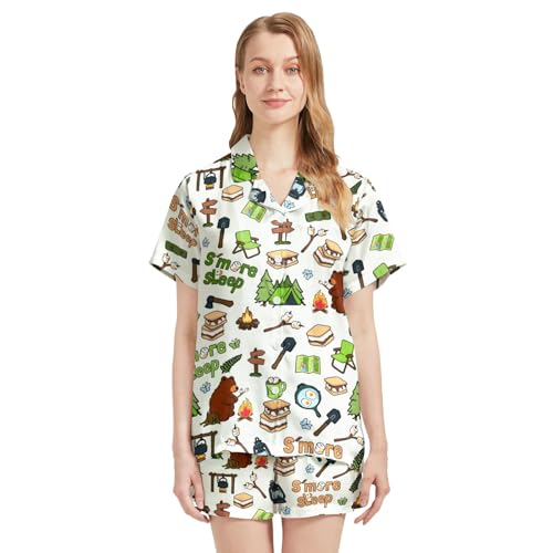 Image of Silk Satin Pajama Set for Women Summer Lounge Pjs Sets 2 Piece Suit Ladies Button Down Tops And Shorts Sleepwear