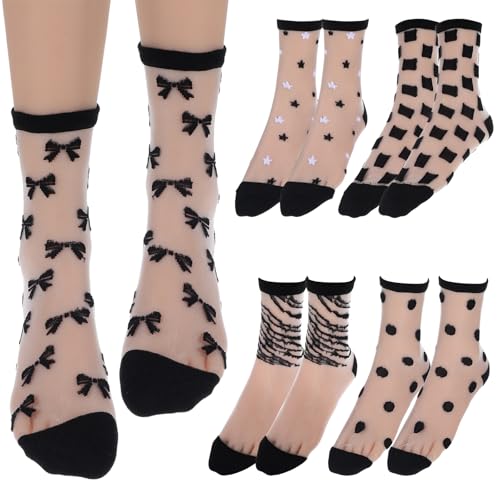 Image of Lusofie 5 Pairs Sheer Black See-Through Socks - Checkered Dot Striped Plaid Ankle Summer Socks for Women - Thin Fashion