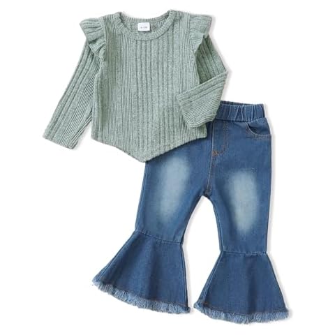 SUNNY PIGGY Toddler Girl Clothes Little Baby Girl Denims Outfits Jeans Flare Pants Set Long Sleeve Infant Winter Fall Baby Clothes for Girls 6-12 Months Green Cover