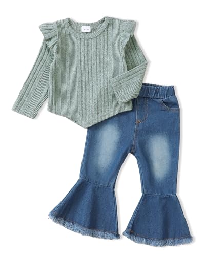 Sunny Piggy 12-18 Months Toddler Girl Clothes Little Baby Girl Denims Outfits Jeans Flare Stretchy Pants Set Long Sleeve Infant Winter Fall Baby Clothes For Girls Green cover