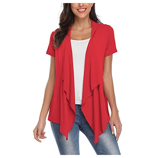 Dam elegant solid kort ärm kofta ledig sommar lätt lös kofta blazer, röd, L