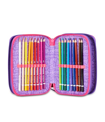 Mitama Federmäppchen für die Schule mit 3 Fächern, dreifach Tyelove, Inhalt 47 Stück, komplett mit Bleistiften, Filzstiften, Federmäppchen für die Grundschule für Mädchen