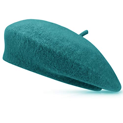 Wool Beret Hat Solid Color French Artist Beret with Skily Scarf and Brooch (Dark Lake Blue)