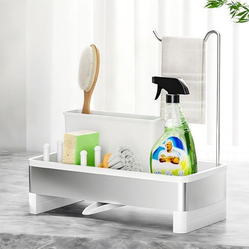 Stainless Steel Sink Caddy, Sponge Holder for Kitchen Sink with Brush Holder & Dishcloth Rack, Rustproof Sink Organizer Countertop, Kitchen Organizers Storage Essentials (E-White)