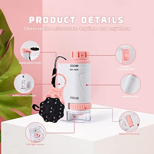 Pocket Microscope for Kids - Portable Mini Microscope 60x-160x with LED Light, Handheld Microscope for Kids and Students Microbiological Observation Learning, Surprise Gift for Children's Day(Pink) 4 413eRw6ONUL. AC