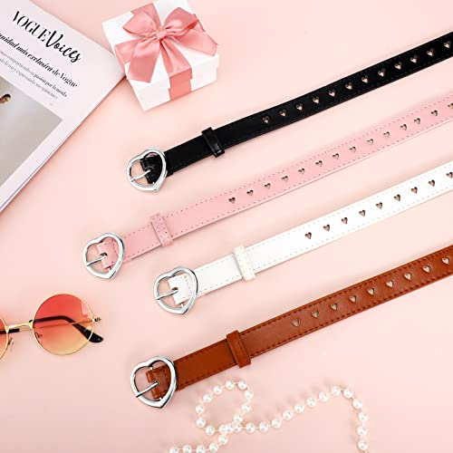 Newcotte 4 Pcs Girls Belt Size 6-12 Kids Pu Leather Waist Belt Hollow Heart Design Metal Buckle For Girl Dress Pants Jeans (Black, White, Khaki, Pink, Suit For Waist Size 26) #TOP2