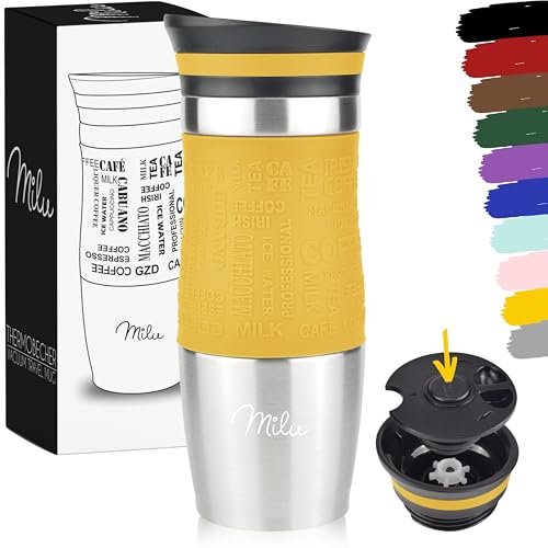 Milu Mug Isotherme Etanche 370ml 450ml Thermos Café-Thé I Tasse isolée pour café et thé à emporter, Double Paroi Isolée sous Vide, Acier Inoxydable I Tasse de...