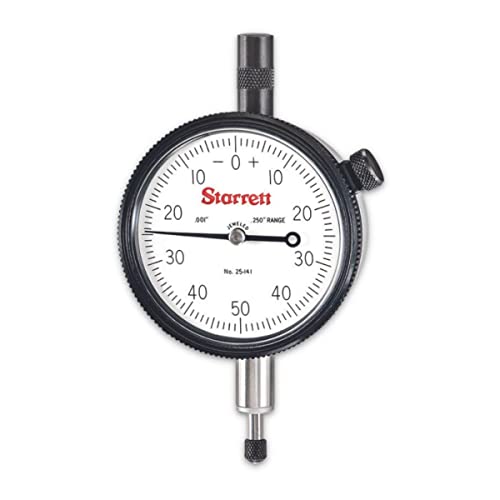 Starrett 25 Series Dial Indicator with Jewel Bearings and Lug-On-Center Back - White Face, 0-.250" Range, 0-50-0 Balanced Dial, 001" Graduations - 25-141J