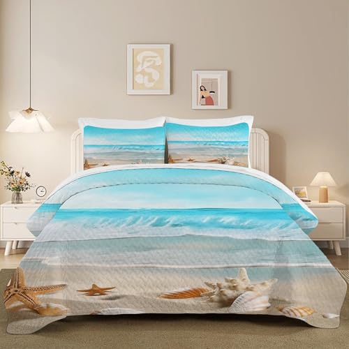 FUYEUN Blue Coastal Quilt Set Twin Size 2 Pieces Nautical Beach Ocean Coverlet Set Microfiber Lightweight Quilted Bedspread All Season with 1 Pillowcase (Blue Coastal, 68" x 86")
