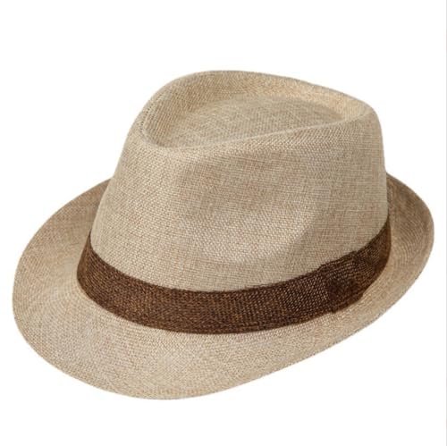 Packable Straw Fedora Hat for Men Short Brim Beach Sun Cap Roll Up Summer Cuban Hat UPF50+ Travel Straw Sun Hat with Band Beige