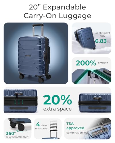 BAGSMART Carry On Luggage 22x14x9 Airline Approved with Spinner Wheels,Lightweight 20 Inch Luggage with TSA Lock,Expanda - Additional View