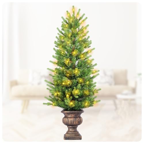 Gfilay 4FT Battery Operated Pre Lit Potted Christmas Tree with Lights