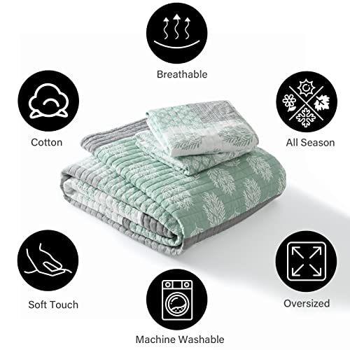 Pangushan Quilt Set King Size, 100% Cotton Bedspread Quilt Bedding Set, Patchwork Reversible Floral Quilt For King Bed, Green/Grey/White Bed Spread, Lightweight Comforter For All Season, 3 Pieces #TOP5