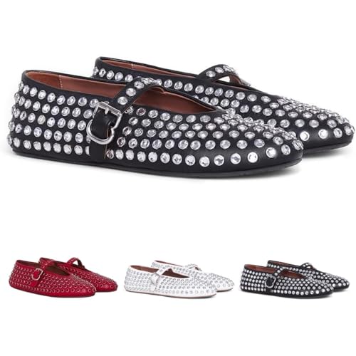 Chaussures de bal ballerines pour femmes avec strass, chaussures Mary Jane à boucle scintillante et bout rond, ballerines ornées de clous (Noir, 4)