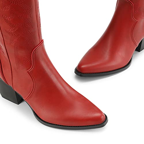 DREAM PAIRS Womens Cowboy Boots Wide Calf Comfortable Pull On Zipper Chunky Heel Pointed Toe Embroidered Western Cowgirl Knee High Boots Ladies Retro Tall Boot,Size 6.5,Red,SDKB224W by DREAM PAIRS - Used condition - Image 5