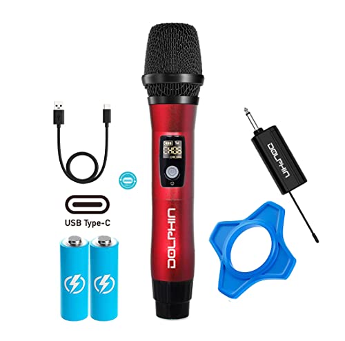 Dolphin MCX11 UHF Wireless Microphone for Karaoke, Singing, PA, Parties, Events, All-Metal, DSP, Long Range | Rechargeable, 50 Channels, Anti-Interference (Red)