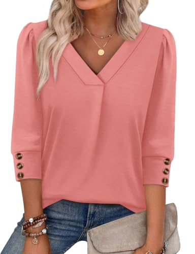 OFEEFAN Womens 3/4 Sleeve Tops with Buttons V Neck Summer Outfits Dressy Casual Blouses for Women Fashion Clothes