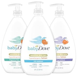 Dove Baby Lotion Bundle – Sensitive Skin Care Hypoallergenic Lotion, Nourishing & Hydrating Baby Lotion for Newborn, Rich Moisture, Calming Moisture & Fragrance Free Moisture, 20 Oz (3 Piece Set)