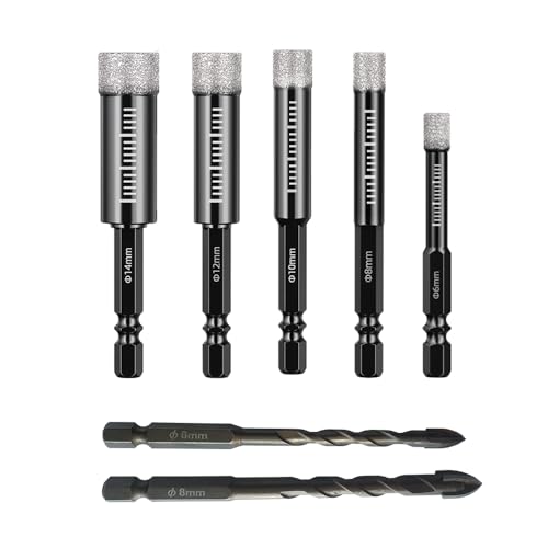 Zzcy 7Pcs Brocas para Azulejos y Cristal con Vástago(6,8,10,12,14 mm) con Broca de Metal Duro de 6/8 mm para Cerámica, Granito, Porcelana, Vidrio