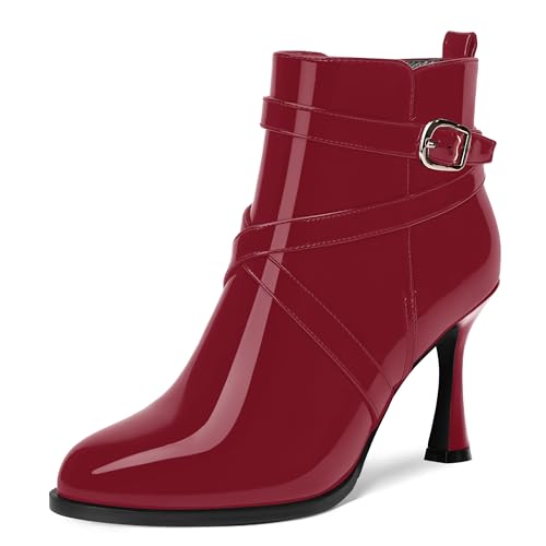 MODENCOCO Womens Dress Patent Ankle Strap Buckle Round Toe Zip Wedding Stiletto High Heel Ankle High Boots 3.3 Inch