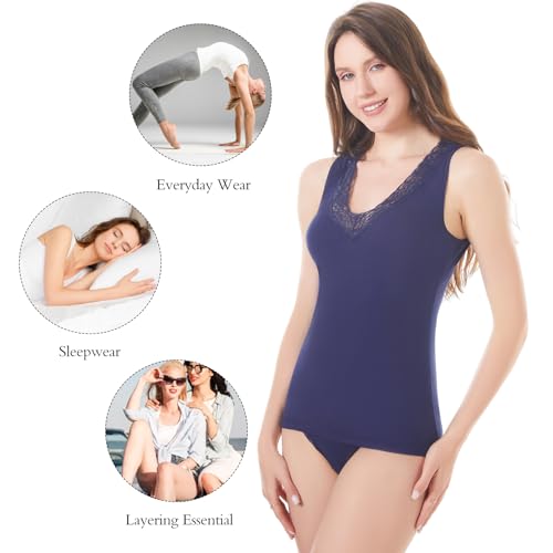 Image of Womens Tank Top Camisoles with Premium Cotton Italian Design - Trimmed with Flower Lace on Neckline